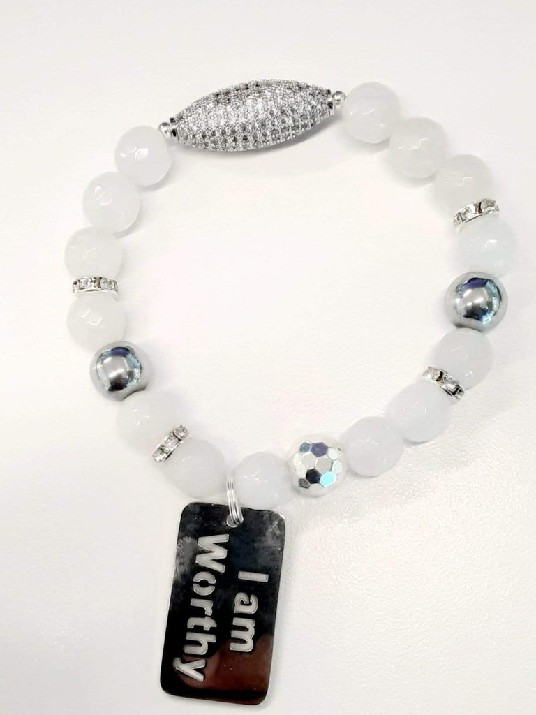 Elle Shanell Silver and Opaque White I am Worthy Bracelet
